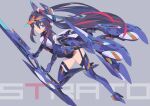 1girl bangs black_hair blue_eyes blue_footwear boots breasts grey_background hair_between_eyes high_heel_boots high_heels holding holding_sword holding_weapon leaning_forward mecha_musume metal_boots mk-5 multicolored_hair original panties parted_lips redhead science_fiction small_breasts solo streaked_hair sword thigh-highs thigh_boots twintails underwear weapon white_panties 