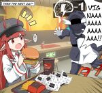  1girl 1other :o alph_(sancheck) arknights black_jacket braid burger cabbie_hat crying cup disposable_cup doctor_(arknights) emphasis_lines fang food french_fries gameplay_mechanics hat helmet highres horns horns_through_headwear jacket notice_lines open_clothes open_jacket open_mouth pointy_ears red_eyes redhead running shirt sidelocks vigna_(arknights) white_shirt 