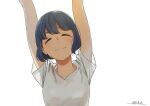  1girl blue_hair bob_cut closed_eyes commentary dated eyebrows_visible_through_hair hands_up horikou shima_saki shirt signature smile stretch white_background white_shirt yurucamp 