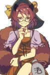  1girl animal_ears bangs bell bottle bow bracelet brown_eyes brown_hair closed_mouth crossed_legs dress eyebrows_visible_through_hair eyes_visible_through_hair futatsuiwa_mamizou glasses green_headwear hair_between_eyes hand_up hat hat_bow highres jewelry looking_at_viewer nayozane_(worker7) orange_dress raccoon_ears raccoon_tail short_hair short_sleeves simple_background sitting smile solo tail touhou white_background white_sleeves yellow_bow 