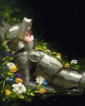  1girl armor bangs black_background blue_flower blurry breastplate brown_hair commentary_request flower from_side full_armor gauntlets gradient gradient_background green_background helm helmet highres jiro_(ninetysix) knight looking_up lying on_back original plate_armor profile shiny solo twitter_username upper_body visor_(armor) water white_flower 