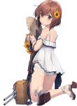  1girl armband ass back black_ribbon brown_eyes brown_hair defeat dress flower full_body hair_flower hair_ornament hat high_heels kantai_collection looking_back official_art panties ribbon rudder_footwear sandals shizuma_yoshinori short_hair side-tie_panties speaking_tube_headset strappy_heels straw_hat sunflower sunflower_hair_ornament torn_clothes transparent_background turret underwear white_dress yukikaze_(kancolle) 