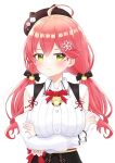  1girl 35p_(sakura_miko) absurdres ahoge alternate_costume bell blush buttons choco_donatsu closed_mouth crossed_arms green_eyes hair_ornament hairclip hat highres hololive long_hair nail_polish official_alternate_costume pink_hair pink_nails sakura_miko virtual_youtuber white_background 