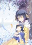  2girls absurdres animal_ears bangs black_hair coat crazy_rin eyebrows_behind_hair eyebrows_visible_through_hair flower headpat highres hug japanese_clothes kuon_(utawarerumono) leaf long_hair mother_and_daughter multiple_girls scarf sitting sitting_on_person smile tail tree utawarerumono utawarerumono:_futari_no_hakuoro utawarerumono:_itsuwari_no_kamen yellow_eyes yuzuha_(utawarerumono) 