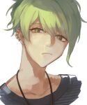  1boy amami_rantarou bangs closed_mouth collarbone commentary cropped_shoulders dangan_ronpa_(series) dangan_ronpa_v3:_killing_harmony ear_piercing earrings english_commentary eyebrows_visible_through_hair green_eyes green_hair hair_between_eyes jewelry laaaicha looking_at_viewer male_focus necklace piercing portrait shirt short_hair simple_background solo striped striped_shirt white_background 