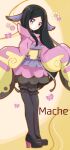  1girl bangs black_footwear black_hair black_legwear blush character_name commentary_request flower gym_leader hair_ornament hair_ribbon high_heels highres japanese_clothes leg_garter long_hair long_sleeves nasakixoc pantyhose pokemon pokemon_(game) pokemon_xy purple_ribbon ribbon sidelocks solo standing thigh-highs valerie_(pokemon) violet_eyes wide_sleeves 