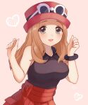  1girl blonde_hair blush bracelet breasts commentary_request eyewear_on_headwear grey_eyes hands_up hat heart jewelry long_hair looking_at_viewer nasakixoc open_mouth pink_headwear pleated_skirt pokemon pokemon_(game) pokemon_xy red_skirt serena_(pokemon) shirt skirt sleeveless sleeveless_shirt smile solo sunglasses tongue white-framed_eyewear 