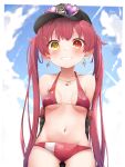  1girl absurdres bangs bikini blush breasts eyebrows_visible_through_hair hair_ribbon hat heterochromia highres hololive houshou_marine large_breasts long_hair looking_at_viewer open_mouth pepushi_drow red_eyes redhead ribbon smile solo swimsuit twintails virtual_youtuber yellow_eyes younger 