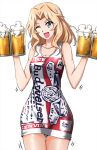  1girl ;d alcohol beer blonde_hair blue_eyes budweiser commentary_request cowboy_shot cup dress girls_und_panzer hair_intakes highres holding holding_cup kay_(girls_und_panzer) long_hair looking_at_viewer motion_lines omachi_(slabco) one_eye_closed open_mouth pencil_dress print_dress short_dress simple_background sleeveless sleeveless_dress smile solo standing white_background white_dress 