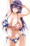  1girl american_flag_bikini arms_behind_head arms_up bangs bare_shoulders bikini blush breasts copyright_request flag_print highres huge_breasts jinjuji_rei long_hair looking_at_viewer navel print_swimsuit purple_hair senpai_ga_boku_wo_tori_ni_kiteru side-tie_bikini solo sukeno_yoshiaki swimsuit thick_thighs thighs veins veiny_breasts violet_eyes 