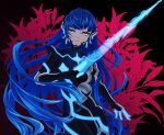  1boy androgynous armor bangs blue_eyes bodysuit collarbone eyelashes gloves highres kokutou_eiri long_hair looking_at_viewer male_focus protagonist_(smtv) purple_hair shin_megami_tensei shin_megami_tensei_v simple_background solo very_long_hair yellow_eyes 