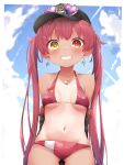  1girl absurdres bangs bikini blush breasts eyebrows_visible_through_hair hair_ribbon hat heterochromia highres hololive houshou_marine large_breasts long_hair looking_at_viewer navel one-piece_tan open_mouth pepushi_drow red_eyes redhead ribbon smile solo swimsuit tan tanlines twintails virtual_youtuber yellow_eyes younger 