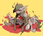  cigarette collarbone colored_skin commentary eyelashes gardevoir gen_3_pokemon grey_skin half-closed_eyes highres holding holding_cigarette looking_to_the_side pokemon pokemon_(creature) red_eyes scrooge_mckhyle sharp_teeth solo spread_legs squatting teeth yellow_background 