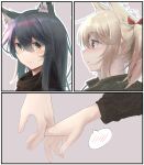  2girls absurdres animal_ears arknights bangs black_hair blonde_hair blush closed_mouth eyebrows_visible_through_hair flying_sweatdrops hane_(8ne_k) highres holding_hands long_hair long_sleeves multiple_girls sora_(arknights) spoken_blush texas_(arknights) wolf_ears yellow_eyes yuri 