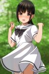  1girl :d absurdres bangs black_hair black_neckwear blurry blurry_background blush brown_eyes day depth_of_field dress eyebrows_visible_through_hair hands_up highres long_hair looking_at_viewer matsunaga_kouyou nose_blush open_mouth original outdoors sailor_collar sailor_dress short_sleeves smile solo upper_teeth white_dress white_sailor_collar 