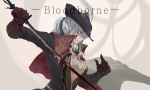  1girl ascot blonde_hair blood bloodborne blue_eyes breasts cape coat cravat gem gloves hat hat_feather holding lady_maria_of_the_astral_clocktower large_breasts long_hair ponytail rakuyo_(bloodborne) sasayaki27 simple_background solo sword the_old_hunters tricorne weapon white_hair 