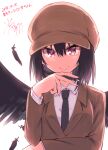  1girl black_feathers black_hair black_wings brown_headwear brown_jacket dated feathers hair_between_eyes hat highres hikawa_shou jacket necktie nib_pen_(object) pen red_eyes shameimaru_aya signature smile solo touhou translation_request upper_body wings 