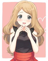  1girl bangs bare_arms black_shirt blonde_hair blush border collared_shirt commentary eyebrows_visible_through_hair fingernails grey_eyes hands_together heart highres long_hair looking_at_viewer nasakixoc open_mouth outside_border pokemon pokemon_(game) pokemon_xy raised_eyebrows red_skirt serena_(pokemon) shiny shiny_hair shirt skirt sleeveless sleeveless_shirt smile solo teeth tongue white_border 