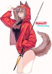  1girl :o animal_ears arknights bai_xin black_swimsuit breasts commentary_request cowboy_shot fishing_rod from_side grey_eyes grey_hair hand_in_pocket hand_up holding holding_fishing_rod hood hood_up hooded_jacket jacket long_sleeves looking_at_viewer medium_breasts one-piece_swimsuit open_clothes open_jacket partial_commentary projekt_red_(arknights) projekt_red_(light_breeze)_(arknights) red_jacket short_hair solo sparkle standing sweat swimsuit tail thigh_strap thighs wolf_ears wolf_tail 