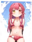  1girl absurdres bangs bikini blush breasts eyebrows_visible_through_hair hair_ribbon heterochromia highres hololive houshou_marine large_breasts long_hair looking_at_viewer open_mouth pepushi_drow red_eyes redhead ribbon smile solo swimsuit virtual_youtuber yellow_eyes younger 