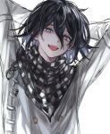  1boy :d arms_behind_head bangs black_hair buttons chain checkered checkered_scarf commentary_request dangan_ronpa_(series) dangan_ronpa_v3:_killing_harmony double-breasted hair_between_eyes highres long_sleeves looking_at_viewer male_focus muuyiie open_mouth ouma_kokichi scarf short_hair simple_background sketch smile solo straitjacket teeth upper_body upper_teeth violet_eyes white_background 