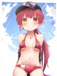  1girl absurdres bangs bikini blush breasts eyebrows_visible_through_hair hair_ribbon hat heterochromia highres hololive houshou_marine large_breasts long_hair looking_at_viewer open_mouth pepushi_drow ponytail red_eyes redhead ribbon smile solo swimsuit virtual_youtuber yellow_eyes younger 