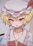  1girl absurdres ascot bangs blonde_hair blush breasts collarbone commentary_request crystal eyebrows_visible_through_hair fang flandre_scarlet frilled_shirt_collar frills fuamaa grey_background hair_between_eyes hat hat_ribbon highres looking_at_viewer mob_cap one_side_up open_mouth pink_eyes pointy_ears puffy_short_sleeves puffy_sleeves raised_eyebrow red_ribbon red_vest ribbon sanpaku short_sleeves simple_background skin_fang slit_pupils small_breasts solo touhou upper_body vest white_headwear wings yellow_neckwear 