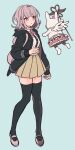  1girl backpack bag bangs black_jacket black_legwear black_shirt brown_skirt dangan_ronpa_(series) dangan_ronpa_2:_goodbye_despair ear_bow flipped_hair flying frilled_skirt frills full_body hair_ornament hood jacket laaaicha looking_at_another mary_janes medium_hair nanami_chiaki neck_ribbon open_clothes open_jacket pink_bag pink_eyes pink_footwear pink_ribbon pink_skirt ribbon shirt shoes skirt staff standing thigh-highs two-tone_shirt usami_(dangan_ronpa) wings zettai_ryouiki 