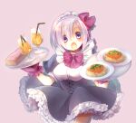  1girl absurdres apron bangs breasts dress drinking_straw eyebrows_behind_hair eyebrows_visible_through_hair fate/grand_order fate_(series) food glasses hair_between_eyes hair_over_one_eye hair_ribbon highres holding holding_plate izumi_mogu juice looking_at_viewer maid maid_apron maid_headdress mash_kyrielight noodles open_mouth pasta pink_background plate purple_hair ribbon short_hair simple_background solo violet_eyes waitress 