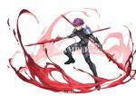  1boy alternate_hair_length alternate_hairstyle armor bangs black_bodysuit bodysuit bulge covered_abs fate/grand_order fate_(series) fighting_stance full_body gae_bolg_(fate) genderswap genderswap_(ftm) hair_between_eyes harness holding holding_polearm holding_spear holding_weapon looking_at_viewer male_focus mosi_l pauldrons pectorals polearm purple_hair red_eyes sample scathach_(fate) scathach_(fate)_(all) short_hair shoulder_armor skin_tight solo spear thighs toned toned_male weapon white_background 