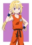  1girl bare_arms belt black_belt blonde_hair blue_wristband border clenched_hand clenched_teeth clothes_writing collarbone dot_nose dougi dragon_ball eyebrows_visible_through_hair feet_out_of_frame fingernails flat_chest grin hair_between_eyes hair_bobbles hair_ornament hand_up highres light_blush long_hair looking_at_viewer low_twintails magia_record:_mahou_shoujo_madoka_magica_gaiden mahou_shoujo_madoka_magica mitsuki_felicia purple_background riokasen salute shiny shiny_hair sidelocks simple_background smile solo spiky_hair standing straight_hair teeth twintails violet_eyes white_border wristband 