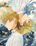  2boys black_hair blonde_hair blue_eyes blue_neckwear closed_mouth collared_shirt falling_leaves hanagaki_takemichi hanano_(cmyk_0000) leaf looking_away male_focus matsuno_chifuyu multiple_boys necktie profile shirt short_hair tokyo_revengers undercut upper_body upside-down white_shirt 