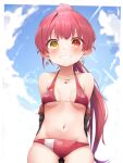  1girl absurdres bangs bikini blush breasts eyebrows_visible_through_hair hair_ribbon heterochromia highres hololive houshou_marine large_breasts long_hair looking_at_viewer open_mouth pepushi_drow ponytail red_eyes redhead ribbon smile solo swimsuit virtual_youtuber yellow_eyes younger 