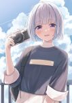  1girl alternate_hairstyle blue_hair bob_cut camera clouds ene_mizunoawa highres holding holding_camera lize_helesta looking_at_viewer multicolored_hair nijisanji open_mouth outdoors short_hair silver_hair sky smile solo upper_body violet_eyes virtual_youtuber 