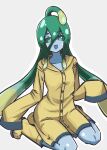  boots chained_tan coat collarbone colored_sclera english_commentary green_eyes green_hair green_sclera grey_background hair_between_eyes long_hair monster_girl monster_musume_no_iru_nichijou raincoat sitting sleeves_past_fingers sleeves_past_wrists slime_girl suu_(monster_musume) very_long_hair wariza yellow_coat yellow_footwear 