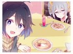  2girls 6_(yuchae) :d antenna_hair bangs black_hoodie blue_eyes blue_hair bronya_zaychik casual chair closed_mouth crepe drill_hair drink drinking_straw food fork fruit grey_eyes grey_hair hair_between_eyes honkai_(series) honkai_impact_3rd hood hoodie knife lemon lemon_slice lemonade long_sleeves looking_at_viewer multiple_girls open_mouth plate seele_vollerei selfie short_hair sitting smile table tissue twin_drills v 