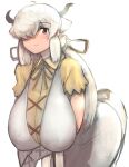  1girl ahoge alternate_breast_size bangs bent_over blush breasts brown_eyes brown_neckwear closed_mouth collared_shirt dress extra_ears eyebrows_visible_through_hair gigantic_breasts gloves grey_horns hair_over_one_eye hair_ribbon hanging_breasts highres kemono_friends long_hair looking_at_viewer ox_ears ox_horns ribbon shibori_kasu shirt sidelocks simple_background sketch smile solo very_long_hair white_background white_dress white_hair yak_(kemono_friends) yellow_shirt 