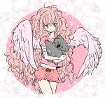  1girl animal bandaged_arm bandages bangs blush closed_mouth curly_hair feathered_wings green_eyes hair_between_eyes holding holding_animal koala long_hair mokeo original pink_hair pink_shirt pink_shorts pink_wings shirt short_sleeves shorts simple_background very_long_hair wings 