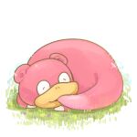  full_body gen_1_pokemon grass no_humans pokemon pokemon_(creature) sleeping slowpoke tail_in_mouth takato_kurosuke white_background 