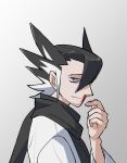  1boy bangs black_hair black_scarf blood blue_eyes closed_mouth commentary_request fingernails from_side grey_background grimsley_(pokemon) hand_up highres looking_at_viewer looking_to_the_side male_focus multicolored_hair nosebleed pokemon pokemon_(game) pokemon_sm scarf smile spiky_hair two-tone_hair upper_body usarinko white_hair 