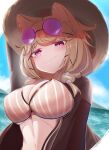  1girl animal_ear_fluff animal_ears arknights arm_behind_head bare_shoulders beach bikini black_shirt blush breasts closed_mouth commentary covered_nipples eyewear_on_head fang gician_l grey_bikini hair_over_shoulder hat highres large_breasts light_brown_hair long_hair navel off_shoulder official_alternate_costume open_clothes open_shirt outdoors parted_lips shirt skin_fang smile smug solo stomach straw_hat striped striped_bikini sunglasses swimsuit tail upper_body utage_(arknights) utage_(summer_flowers)_(arknights) violet_eyes 
