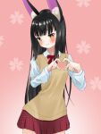  1girl alternate_costume animal_ears azur_lane bangs black_hair blunt_bangs blush bow bowtie cherry_blossom_print collared_shirt commentary_request contemporary eyebrows_visible_through_hair floral_print fox_ears heart heart_hands highres leaning_forward long_hair long_sleeves looking_at_viewer marimo_daifuku nagato_(azur_lane) pink_background plaid plaid_skirt pleated_skirt red_skirt school_uniform shirt sidelocks simple_background skirt smile solo sweater_vest white_shirt yellow_eyes 