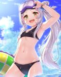  1girl :d arm_up armpits bare_arms bare_shoulders bikini black_bikini day flat_chest goggles goggles_on_head hololive innertube long_hair looking_at_viewer murasaki_shion navel open_mouth outdoors pensuke side_ponytail silver_hair smile solo standing stomach sunlight swimsuit very_long_hair virtual_youtuber wading water wet yellow_eyes 