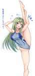  1girl :d absurdres alternate_costume amagi_(amagi626) bangs bare_legs bare_shoulders barefoot blue_eyes breasts eyebrows_visible_through_hair frog_hair_ornament green_hair hair_ornament highres kochiya_sanae large_breasts long_hair looking_at_viewer navel one-piece_swimsuit open_mouth simple_background smile snake_hair_ornament solo split standing standing_on_one_leg standing_split swimsuit touhou white_background 