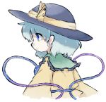  1girl aqua_hair bangs black_headwear blue_eyes child closed_mouth commentary_request cropped_torso expressionless eyebrows_visible_through_hair frilled_shirt frills from_side hat hat_ribbon komeiji_koishi long_sleeves lotosu profile ribbon shirt short_hair sidelocks sideways_mouth simple_background solo third_eye touhou white_background yellow_ribbon yellow_shirt 