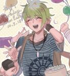  2others 3boys :d amami_rantarou balloon bangs blush cake closed_eyes collarbone dangan_ronpa_(series) dangan_ronpa_v3:_killing_harmony dated english_commentary food green_hair hand_in_hair hands_up happy happy_birthday jewelry laaaicha male_focus momota_kaito multiple_boys multiple_others necklace open_mouth ouma_kokichi polka_dot polka_dot_background ring shirt short_hair short_sleeves smile solo_focus striped striped_shirt upper_body v wristband 