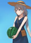  1girl bag bare_shoulders blue_dress blue_eyes blue_sky commentary dress food fruit grey_hair hat highres holding holding_food holding_fruit kizuna_akari long_hair looking_to_the_side m1natsuk1 outdoors shoulder_bag sky solo standing straw_hat sun_hat upper_body very_long_hair vocaloid voiceroid watermelon 