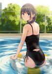  ass bangs bare_arms bare_shoulders black_ribbon black_swimsuit braid brown_hair casual_one-piece_swimsuit closed_mouth cowboy_shot day eyebrows_visible_through_hair fence highres hiwatari_rin innertube long_hair one-piece_swimsuit original outdoors pool ribbon smile sunlight swimsuit twin_braids water 