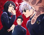  1girl 2boys bangs black_eyes black_hair black_jacket blue_eyes brown_eyes cigarette ear_piercing gakuran getou_suguru gojou_satoru hair_bun hair_pulled_back hand_up high_collar highres ieiri_shoko jacket jujutsu_kaisen kurimilove long_sleeves looking_at_viewer mole mole_under_eye multiple_boys piercing red_background school_uniform short_hair smoking swept_bangs tongue tongue_out upper_body white_hair 