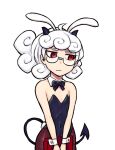  1girl :&lt; ahoge animal_ears bangs bare_shoulders black_horns bow bowtie commentary_request covered_navel demon_horns demon_tail detached_collar flat_chest glasses helltaker holding horns leotard long_hair looking_to_the_side pandemonica_(helltaker) pantyhose red_eyes red_legwear sideways_glance simple_background solo strapless strapless_leotard tail tsukudani_(coke-buta) v_arms white_background white_hair wrist_cuffs 